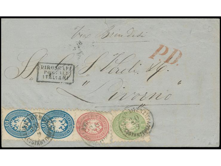 1864, 3 So. grün, 5 So. rosa (Eckfehler) und 10 So. blau (2) mit EKr. "LLOYD AGENZIE CONSTANTINOPLE 20.9" (1867) auf Brief mi