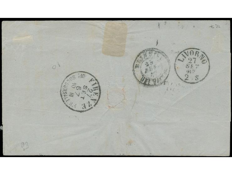 1864, 3 So. grün, 5 So. rosa (Eckfehler) und 10 So. blau (2) mit EKr. "LLOYD AGENZIE CONSTANTINOPLE 20.9" (1867) auf Brief mi