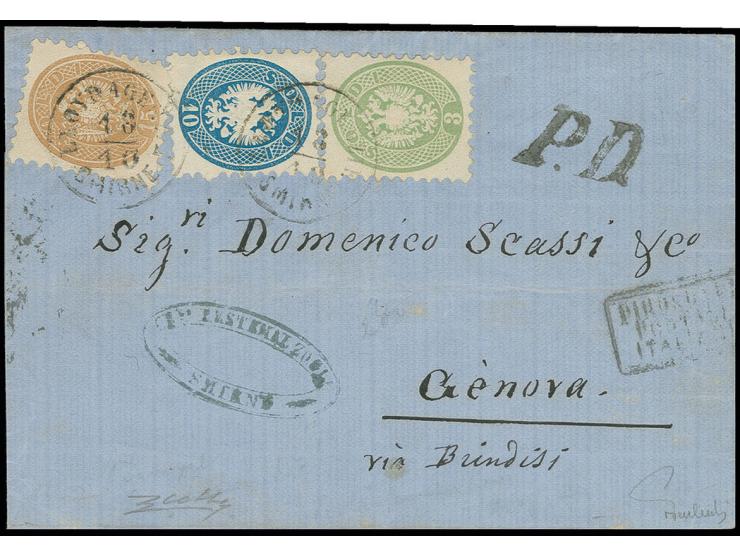 3 So. grün, 10 So. blau und 15 So. braun mit EKr. "LLOYD AGENZIE SMIRNE 18/10 (1867) auf Brief nach Genua mit Ankunftsstempel