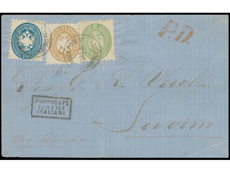 3 So. grün, 10 So. blau und 15 So. braun mit EKr. "LLOYD AGENCIE CONSTANTINOPOLI 9/5" (1868) auf Brief nach Livorno mit Trans