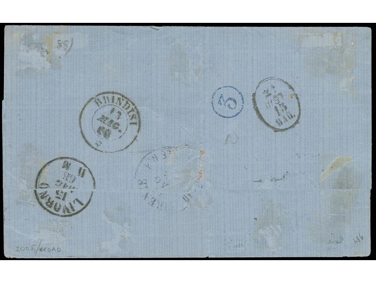 3 So. grün, 10 So. blau und 15 So. braun mit EKr. "LLOYD AGENCIE CONSTANTINOPOLI 9/5" (1868) auf Brief nach Livorno mit Trans