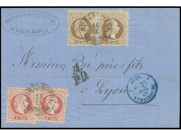1867, Franz Joseph, grober Druck: 5 So. rot (2) und 15 So. braun (Paar) mit DKr. "ADRIANOPEL 11.11" (1869) auf Brief nach Lyo