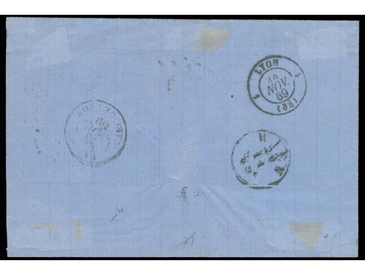 1867, Franz Joseph, grober Druck: 5 So. rot (2) und 15 So. braun (Paar) mit DKr. "ADRIANOPEL 11.11" (1869) auf Brief nach Lyo