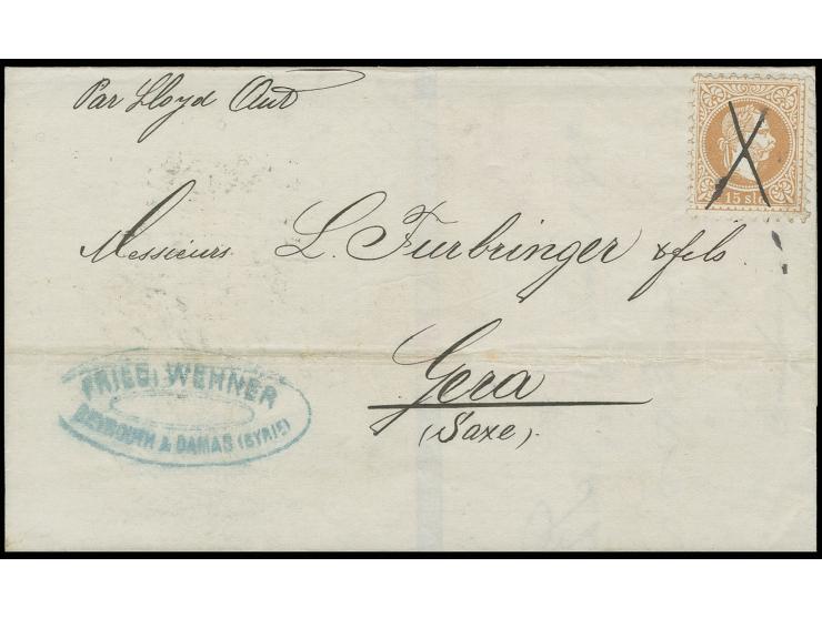 15 So. braun mit Federkreuz auf Brief von Beyruth nach Gera, handschriftlich "Par Lloyd Aust.", rückseitig Transitstempel "LL