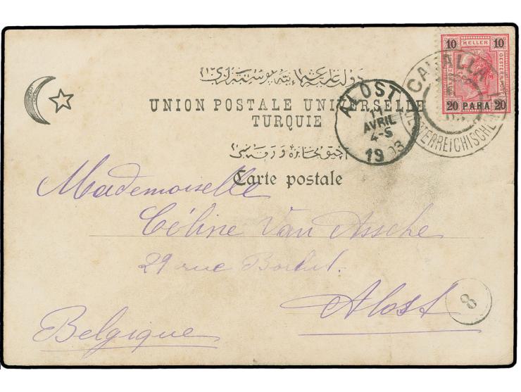 1900, 20 Pa. auf 10 H. mit DKr. "CAVALLA 6.4.03" auf Ansichtskarte nach Alost/Belgien mit Ankunftsstempel, leichte Gebrauchss