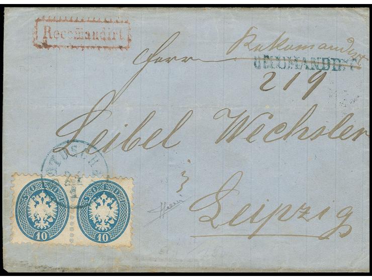 STEMPEL: "BOTUSCHAN 23/1" (1869), blauer EKr. auf 10 S. blau (Paar) auf R-Brief nach Leipzig mit blauem L1 "RECOMANDIRT" und 