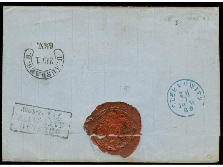 STEMPEL: "BOTUSCHAN 23/1" (1869), blauer EKr. auf 10 S. blau (Paar) auf R-Brief nach Leipzig mit blauem L1 "RECOMANDIRT" und 