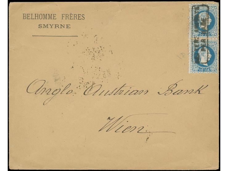 "LETTERE ARIVATE PER MARE", Ra2 auf 10 So. blau im senkrechtens Paar auf Brief (oben Einriß) von Smyrna nach Wien mit Transit
