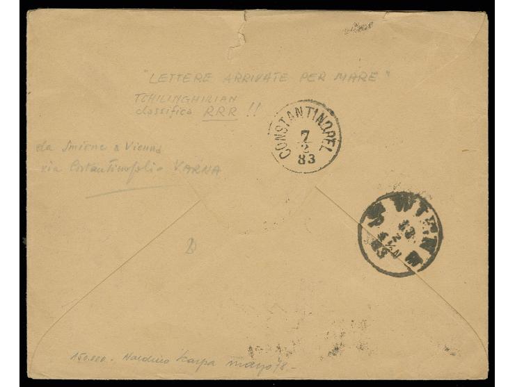 "LETTERE ARIVATE PER MARE", Ra2 auf 10 So. blau im senkrechtens Paar auf Brief (oben Einriß) von Smyrna nach Wien mit Transit