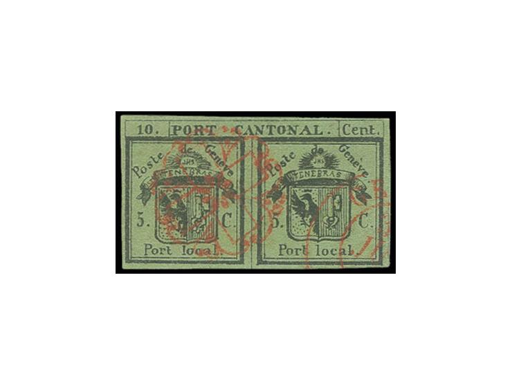 GENF: 1843, Doppelgenf 5 C. + 5 C. auf lebhaftgrünlicholiv, sauber gestempelte Sperati-Fälschung, gute Erhaltung, mit Bleisti