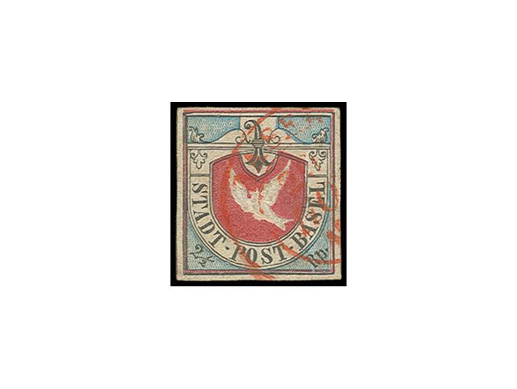 1845, Basler Taube 2½ Rp. schwarz/lebhaft blau/karmin, 1. Auflage, farbfrisch und für diese Marke allseits sehr breit gerande