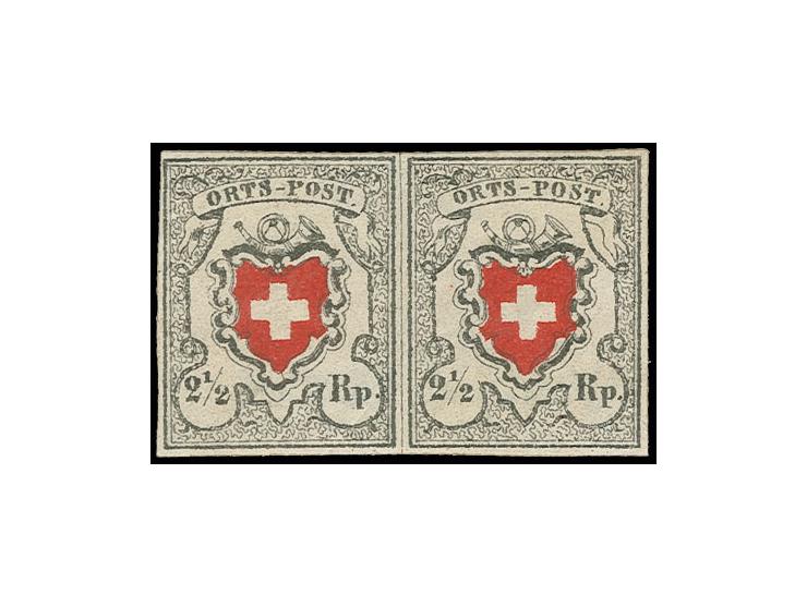 Ortspost ohne Kreuzeinfassung: 2½ Rp. grauschwarz/dunkelorangerot im waagerechten Paar, sauber ungebrauchte Sperati-Fälschung