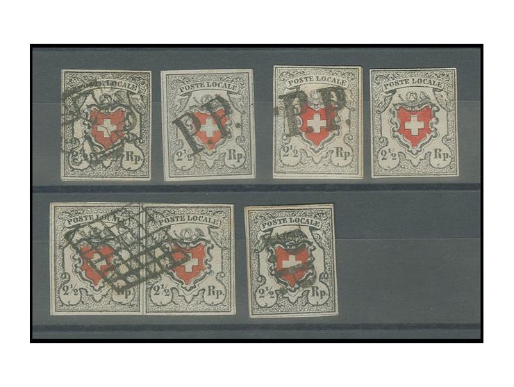 Poste Locale, 2½ Rp. grauschwarz/dunkelorangerot, 4 Einzelmarken und ein Paar mit sowie ein Wert ohne Kreuzeinfassung, je als