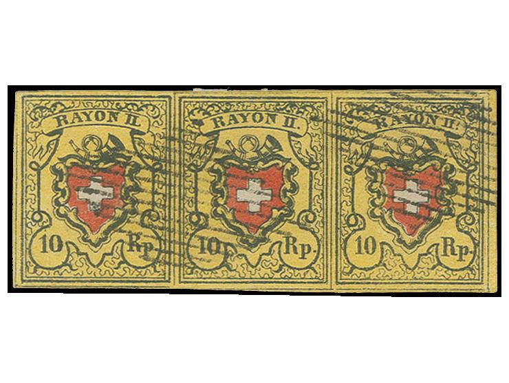 RAYON II mit Kreuzeinfassung, 10 Rp. hellbräunlichgelb im waagerechten Dreiersteifen, sauber gestempelte Sperati-Fälschung, g