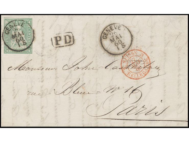 1854/59, Strubli-Ausgabe, später Berner Druck: 40 Rp. gelblichgrün, sehr schön gerandet, oben mit Teil der Nachbarmarke, mit 