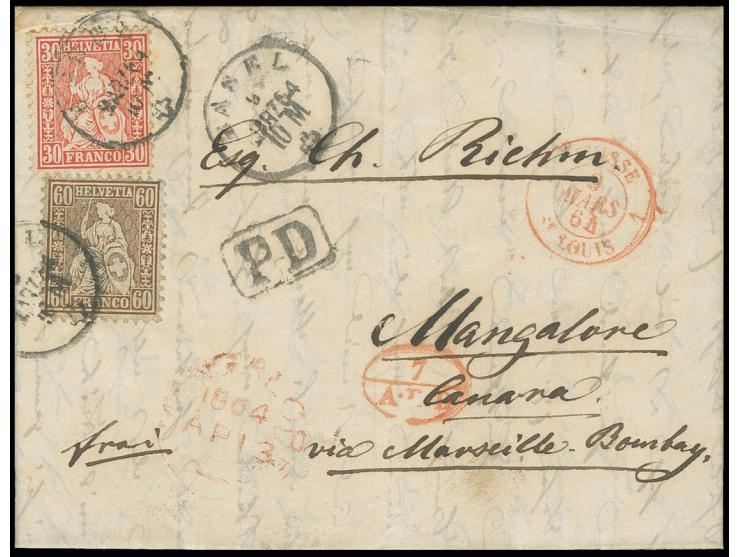 1862/81, sitzende Helvetia , 30 C. zinnober und 60 C. rötlichbronze, beide gut gezähnt, mit EKr. "BASEL 9 MÄRZ 64" auf kpl. F