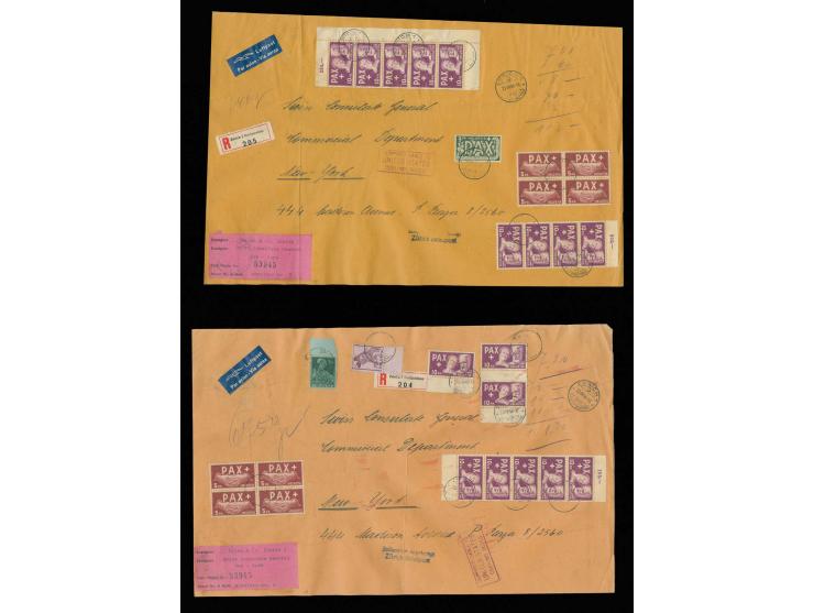 3, 5 (8) und 10 Fr. (17) auf 2 großen R-Brief-Vorderseiten von "ZÜRICH 23. VIII 45" nach USA, Bedarfserahltung (Mi.5.540,-+)