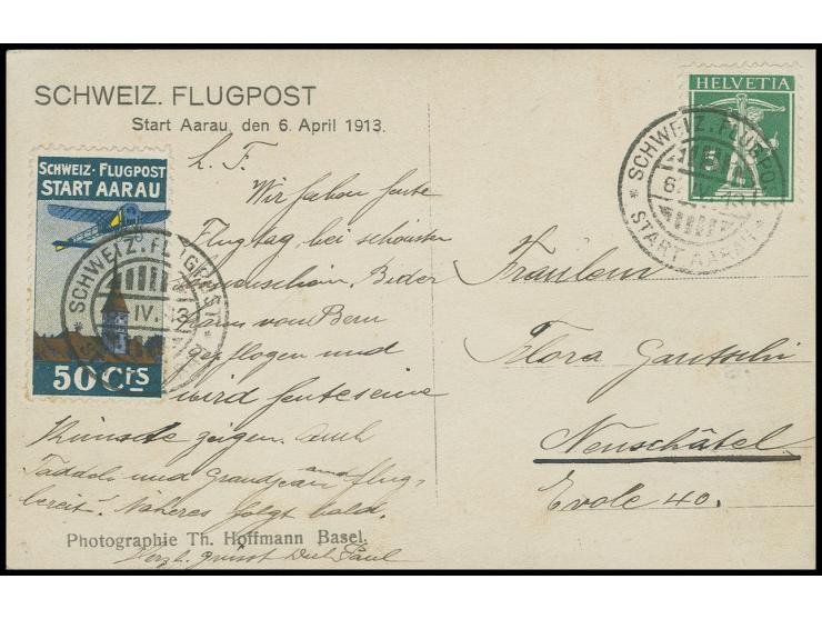 HALBAMTLICHE FLUGPOST: 1913, Aarau-Olten 50 C., entwertet mit schwarzem Messingstempel vom 6.4. auf Sonderkarte, Kabinett (Mi