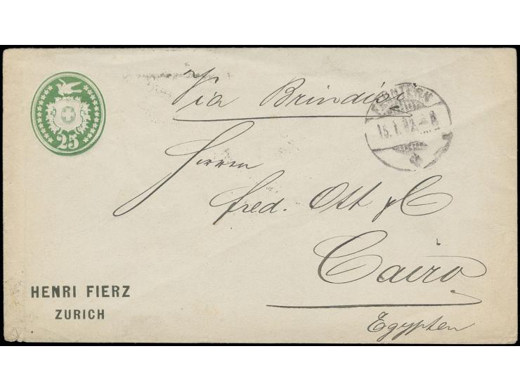 GANZSACHEN: 1879, Umschlag 25 C. grün gelaufen via Brindisi nach Cairo mit rückseitigem Ankunftsstempel, links einmal senkrec