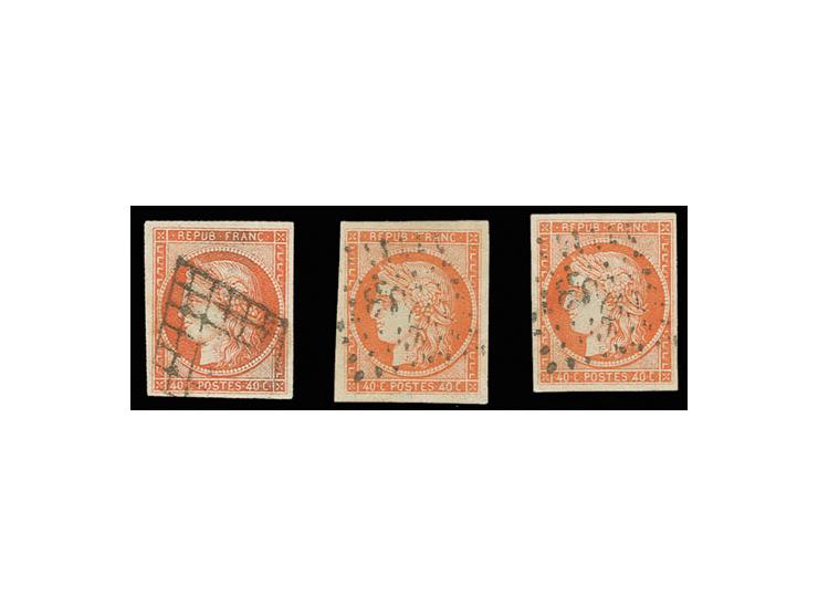 40 c. orange, trois exemplaires oblitérés, faux de Spérati signés au crayon, un timbre avec légères traces d'oxydation