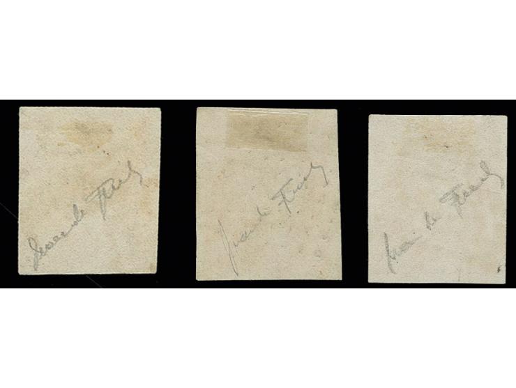 40 c. orange, trois exemplaires oblitérés, faux de Spérati signés au crayon, un timbre avec légères traces d'oxydation