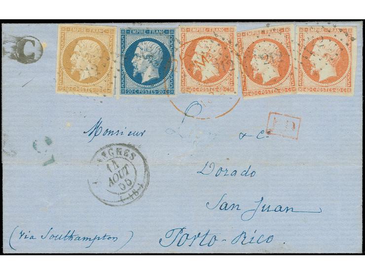1853/61, 10 c. brun, 20 c. bleu et 3 valeurs  40 c. orange, petits défauts de marges, frais de couleur  avec oblit. PC "212" 