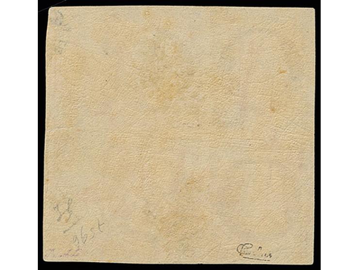1 fr. carmin, bloc de quatre du bord de la feuille avec ligne d'encadrement ; très bien margé et frais de couleur, neuf avec 