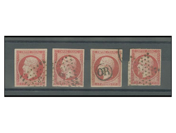 1 fr. carmine, oblitéré, faux de Spérati, type C,F,H et K,  signés au crayon