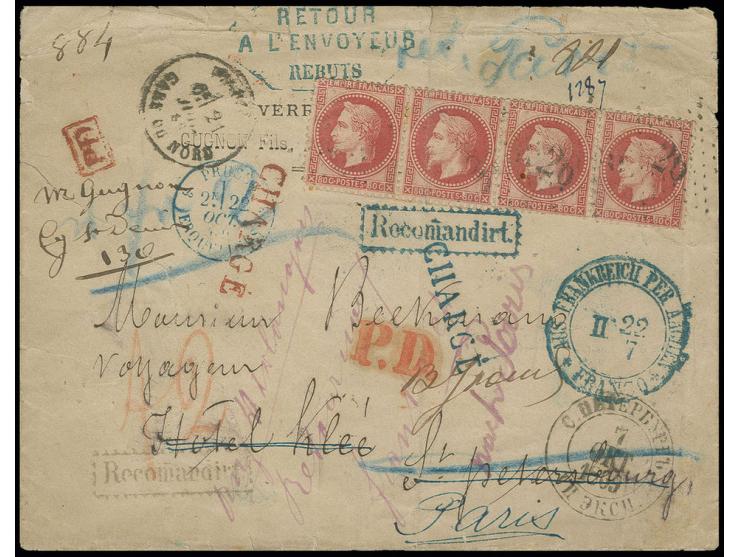 1862/70, Napoléon Lauré 80 C. rose en bande de quatre oblit. étoile "26" sur lettre  avec CHARGE en rouge et bleu via la Prus