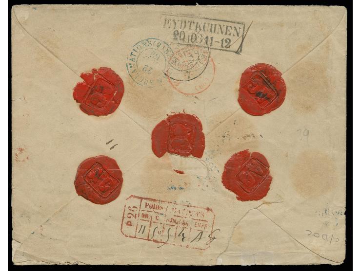 1862/70, Napoléon Lauré 80 C. rose en bande de quatre oblit. étoile "26" sur lettre  avec CHARGE en rouge et bleu via la Prus