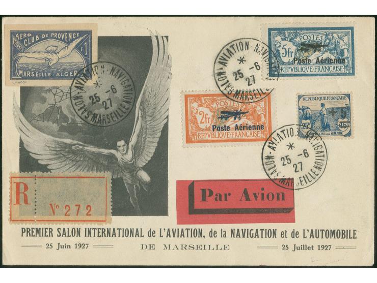 2 Fr. et 5 Fr. avec cachets spéciaux premier jour  sur lettre  illustrée recommandée avec vignette du vol Marseille-Alger, tr