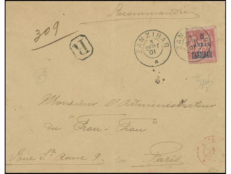Zanzibar:1897, 5 ANNAS sur 50 C sur lettre recommandée de "ZANZIBAR 3 SEPT.01" pour Paris avec cachet de transit et d'arrivée