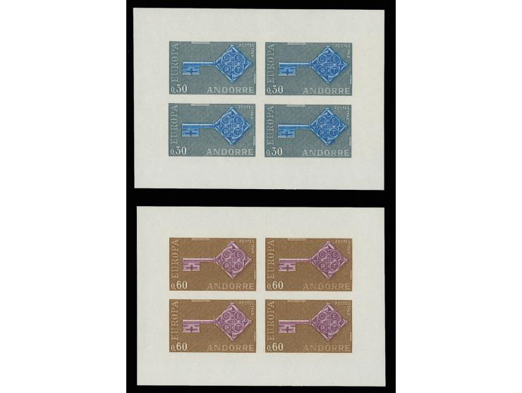 1968, Europa 0,30 Fr. plus l'essai 0,30 Fr. chacun en bloc de quatre dans un format  bloc avec marges, fra'icheur postale, su