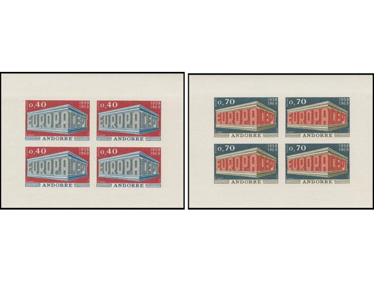 1969, Europa 0,40 Fr. et 0,70 Fr. essai, chacun en bloc de quatre dans un bloc avec marges, fraîcheur postale, superbe