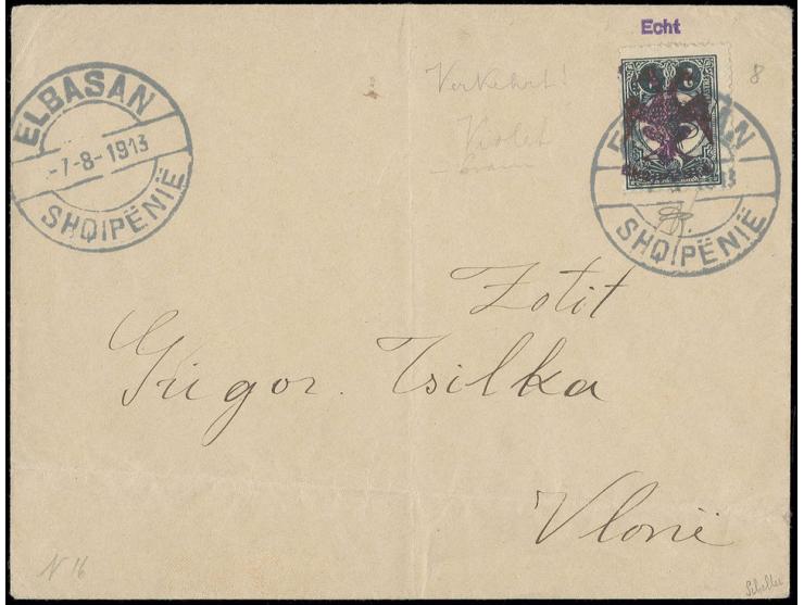 1913, 2 pia. blue with violet inverted overprint, tied by cds. "ELBASAN 7-8-1913" to labeled folded cover, otherwise fine, si