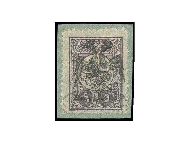 5 pia. dark purple, used on small piece, fine, signed Scheller, ex collection Severin