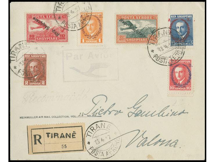 1927, Airmail 10 q. red with inverted overprint tied by cds. "TIRANE 13.4.27" to registered Airmailcover with additional fran