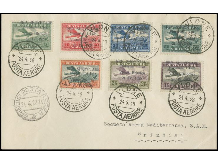 1928, Airmail 5 q.-3 fr. cpl. with first day cancellation "VLONE 24.4.28" on first flight cover to Brindisi with arrival in f
