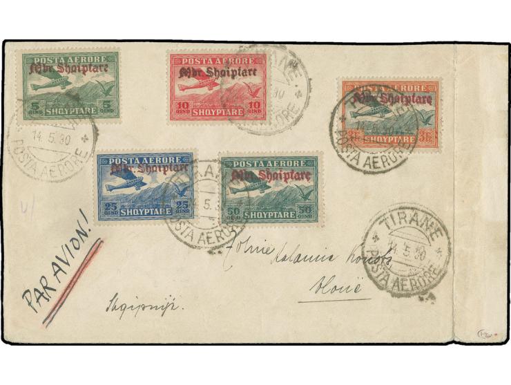 3 fr. with 4 further stamps and airmail cancellation "TIRANE 14.5.30" on flight cover (opened at two sides and folded at righ