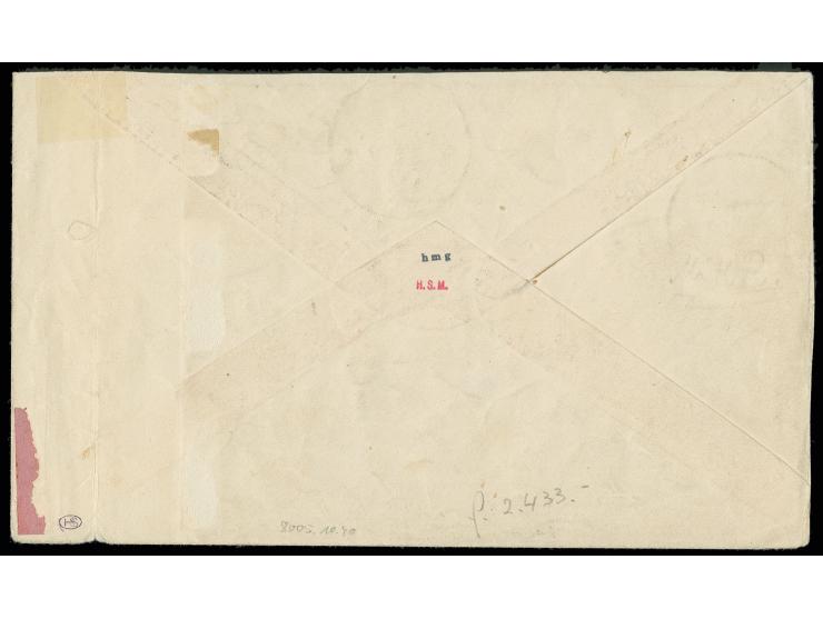 3 fr. with 4 further stamps and airmail cancellation "TIRANE 14.5.30" on flight cover (opened at two sides and folded at righ