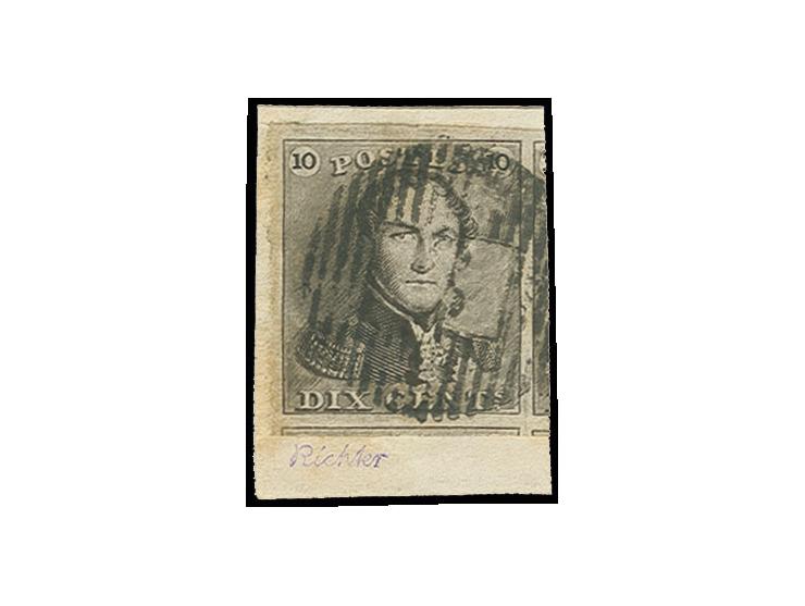 10 c. brown grey, good colour, with huge margins and three adjoining stamps, with strike of numeral "3 or "8" on small fragme