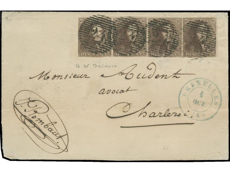 10 c. brown, horizontal strip of four with good margins all around, just touched at upper left, tied by clear strikes of nume