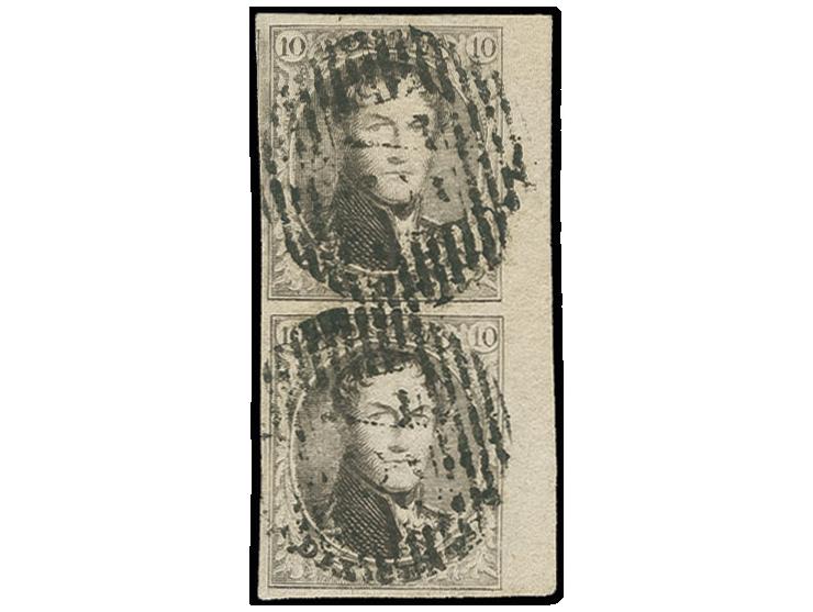 1851, with watermark: 10 c. grey, vertical pair with sheet margin at right and small part of adjoining stamp at upper right, 