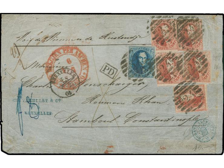 Leopold 20 c. blue as single stamp together with 5 values of 40 c. red tied by numeral "24" to front of lettersheet with one 