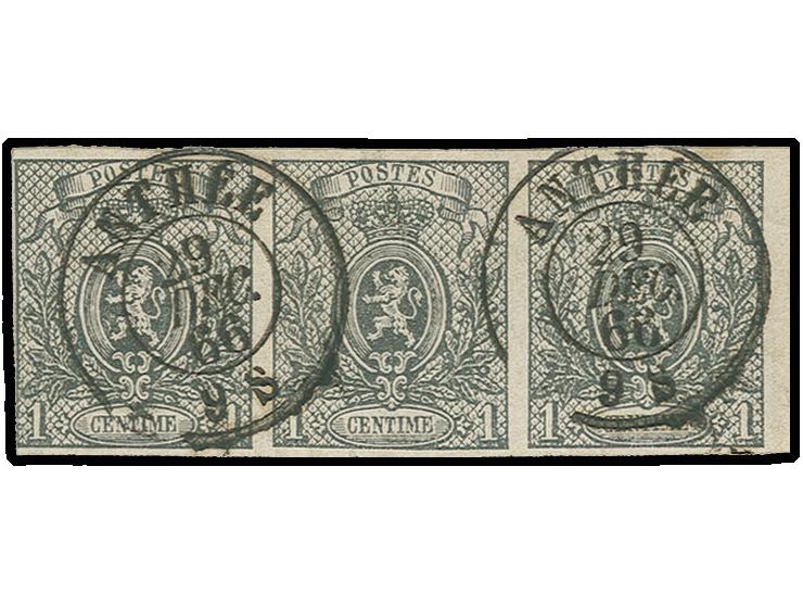 1866, 1 c. grey-black, horizontal strip of three with good margins, just touched at lower left, with two clear strikes of cds