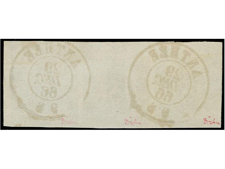 1866, 1 c. grey-black, horizontal strip of three with good margins, just touched at lower left, with two clear strikes of cds