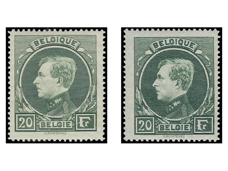 1929, Albert 20 fr. dark-green and black-green, unhinged mint both in very fine condition, rare (COB 290B, C; Mi. 3.000,-)