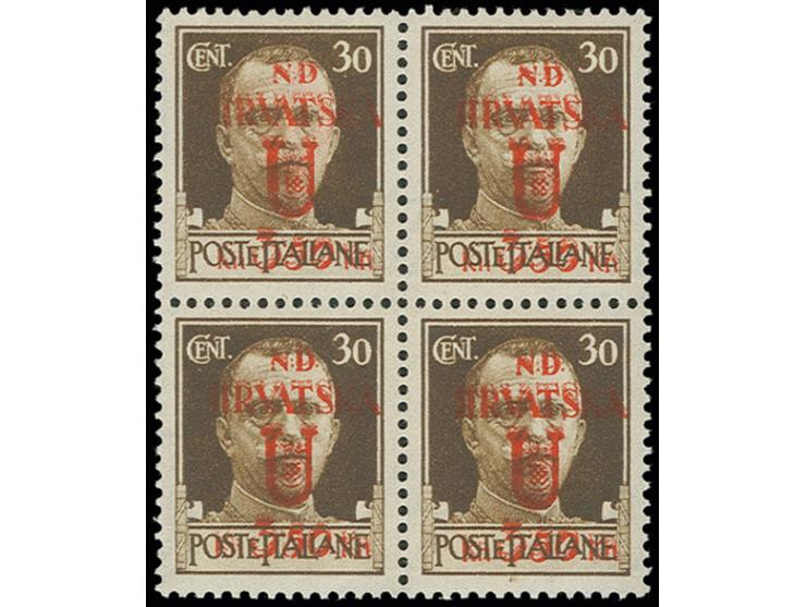 OCCUPATION DALMATIA: SPALATO: 1944, unissued 3.50 k. on 30 c. brown, block of four with double overprint, mint never hinged, 