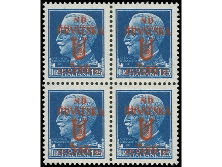 3.50 k. on 1.25 l. blue, block of four with double overprint, mint never hinged, fine, certificate Sorani (Sassone.-Nr. 14a)