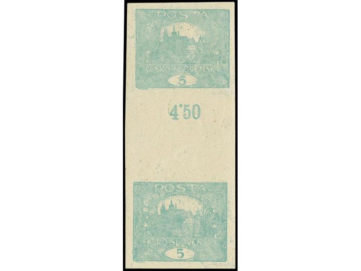 1919/20, Hradschin without foliage 5 h. imperforated, vertical gutter pair with print on gum side, unused, fine and very rare